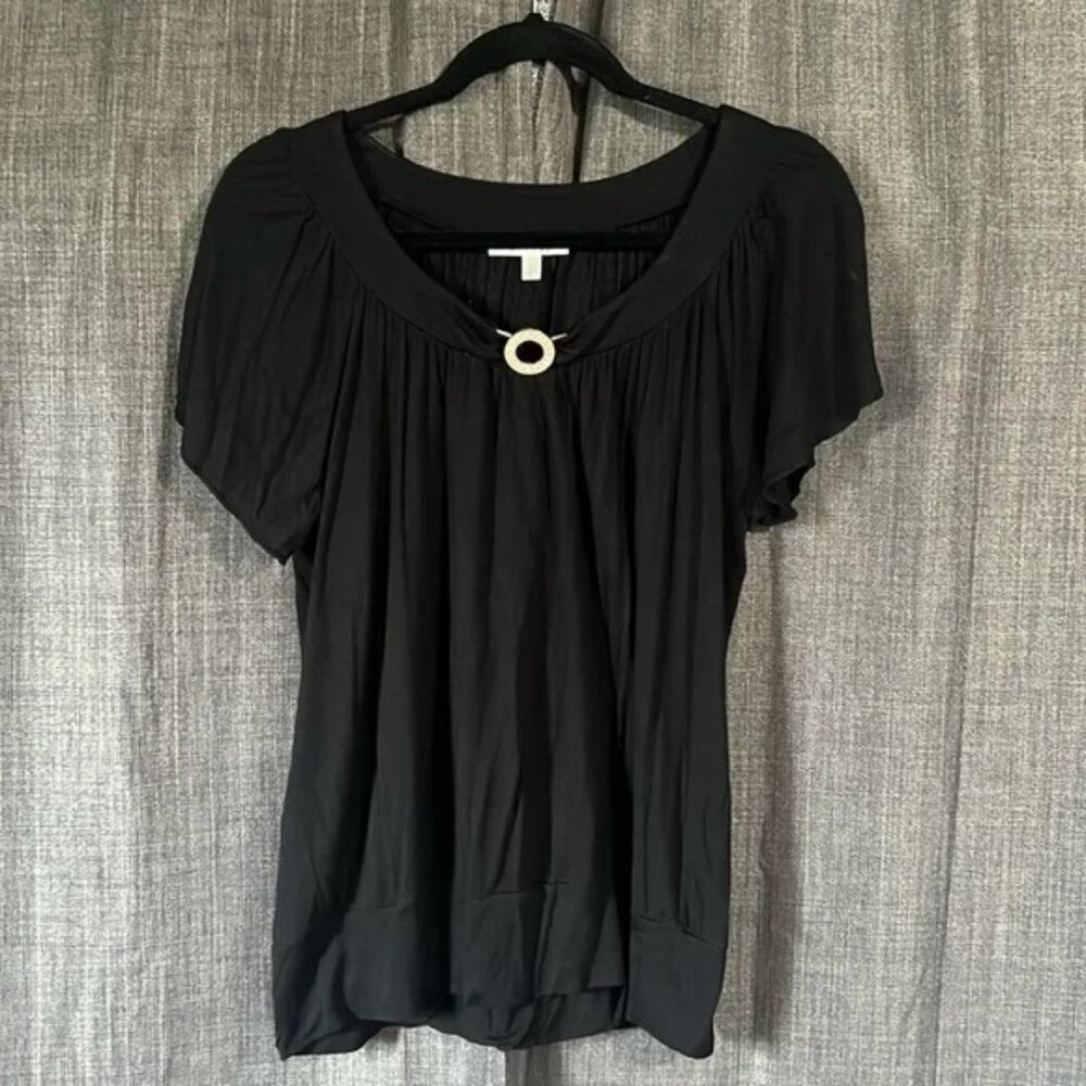 Spense black flutter sleeve flounce blouse with jeweled hoop on neckline